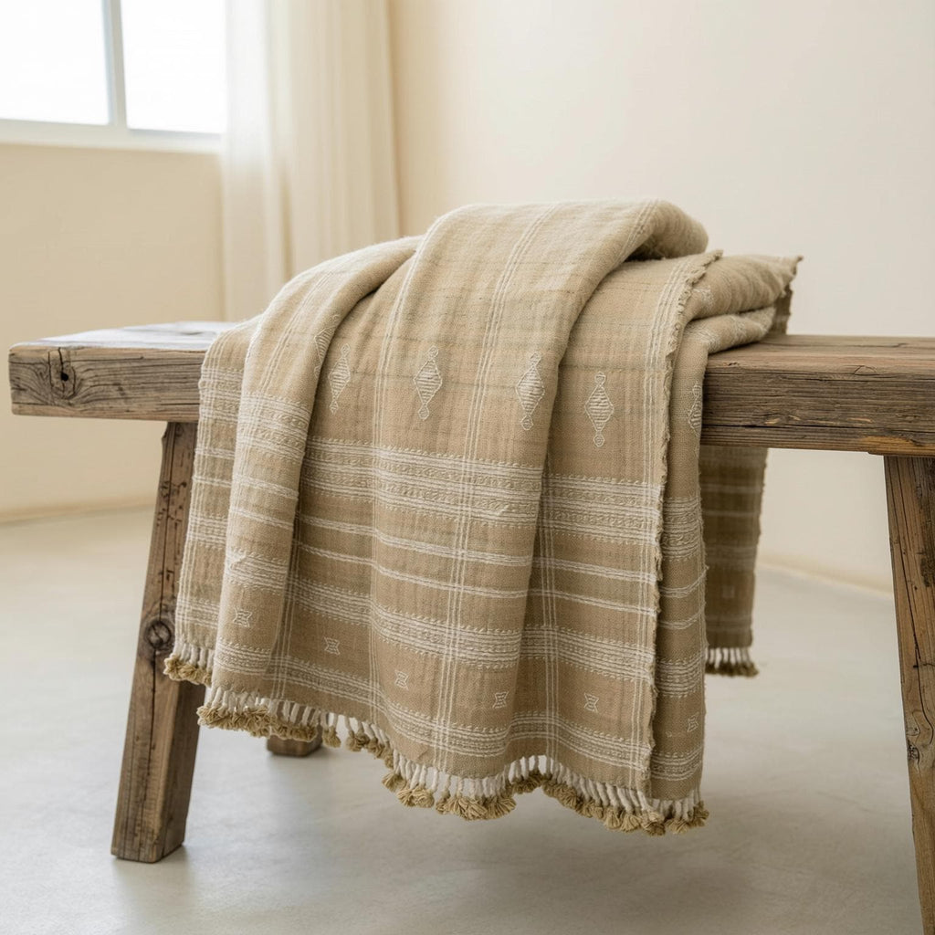 Tan Beige Indian Wool Throw Blanket, Handwoven Sofa Coverlet with Farmhouse Bedroom Layer - JASPER — product image