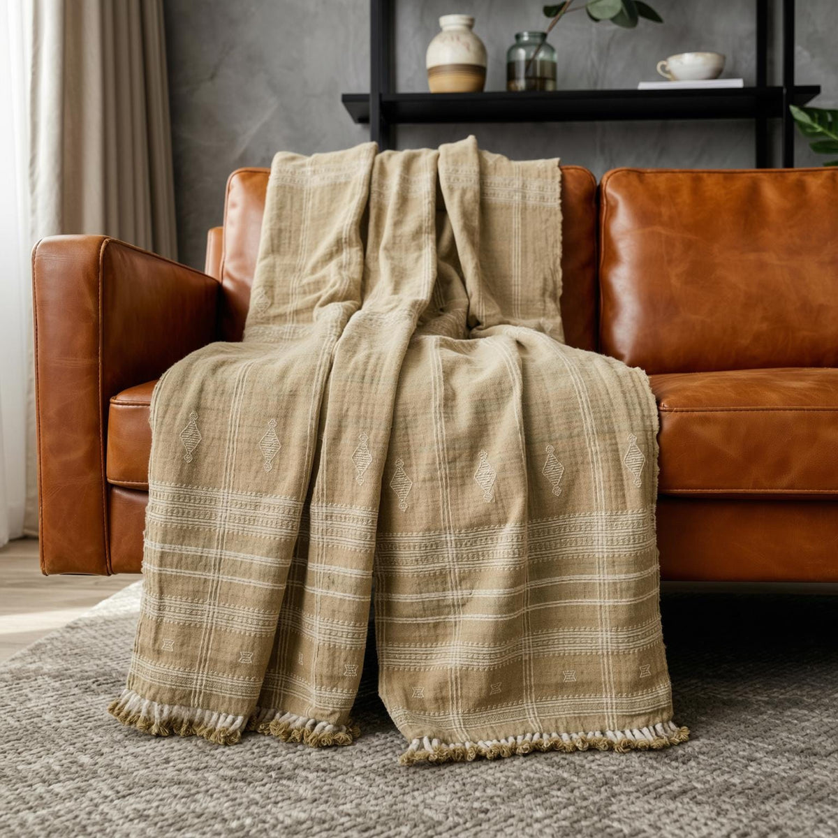 Tan Beige Indian Wool Throw Blanket, Handwoven Sofa Coverlet with Farmhouse Bedroom Layer - JASPER