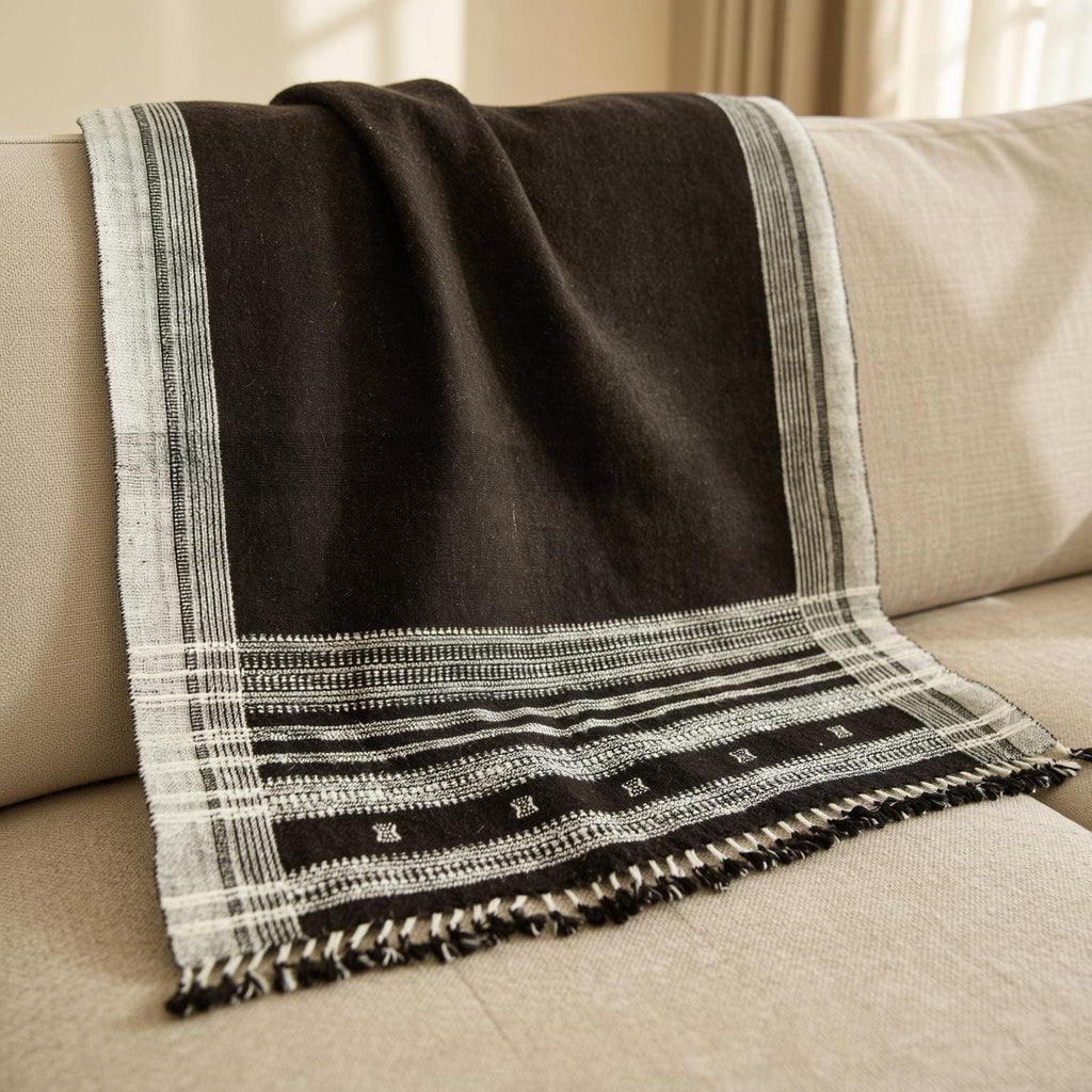 Cocoa Brown Indian Wool Throw Blanket, Handwoven Couch Coverlet with Rustic Chair Accent - QUARTZ — product image