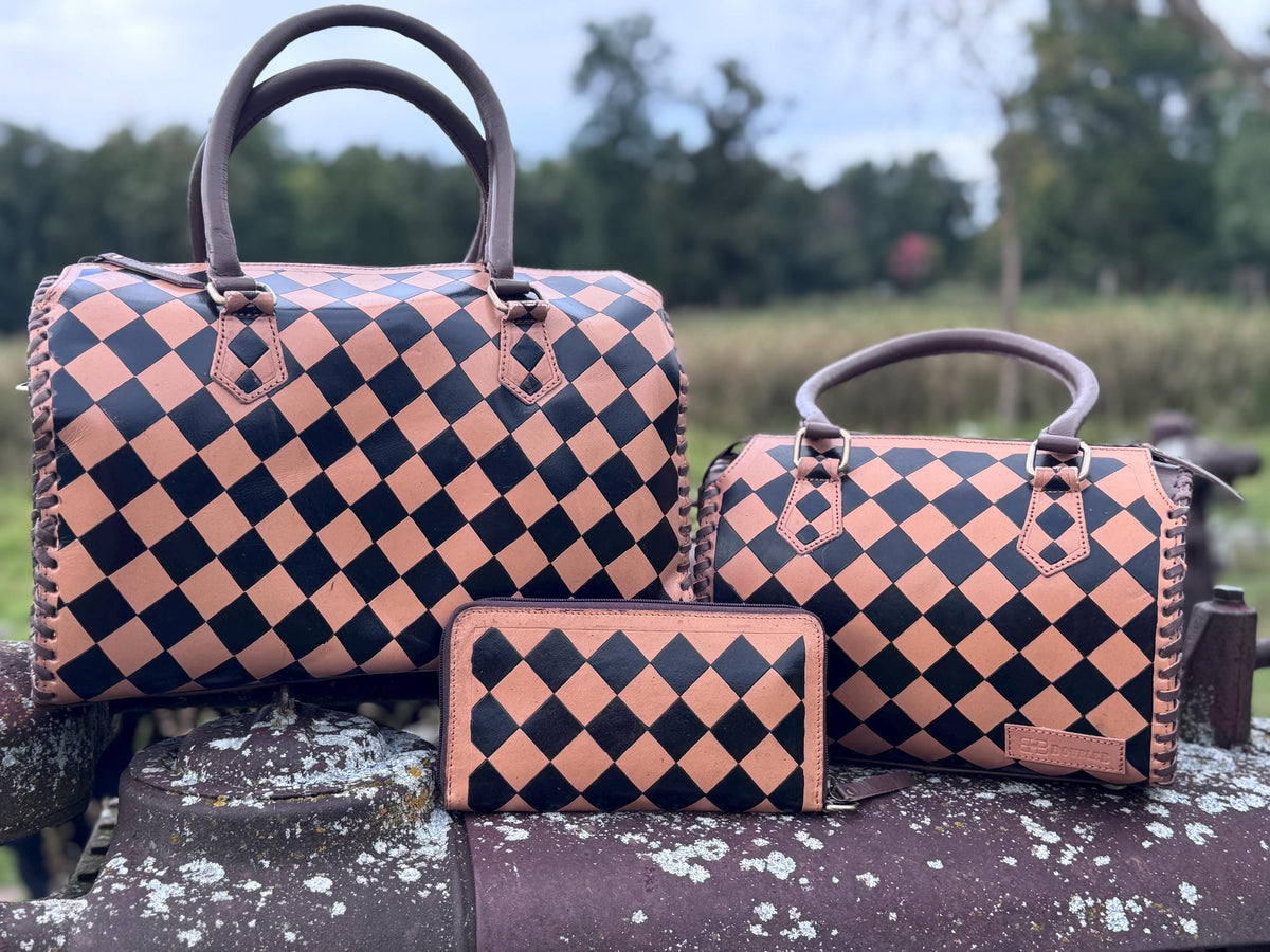 Caramel Espresso Checkered Speedy Western Genuine Leather Purse with optional wallet — product image