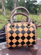 Caramel Espresso Checkered Speedy Western Genuine Leather Purse with optional wallet