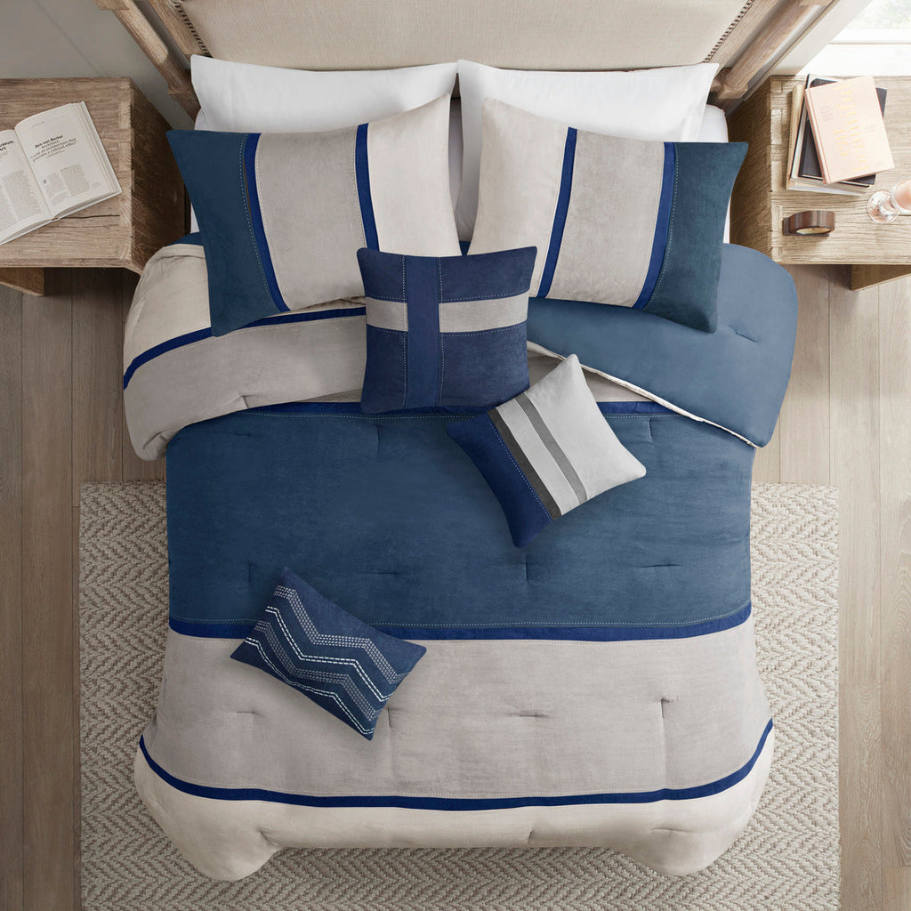 Blue Faux Suede 7 Piece Comforter Set with Coordinated Pillows - California King