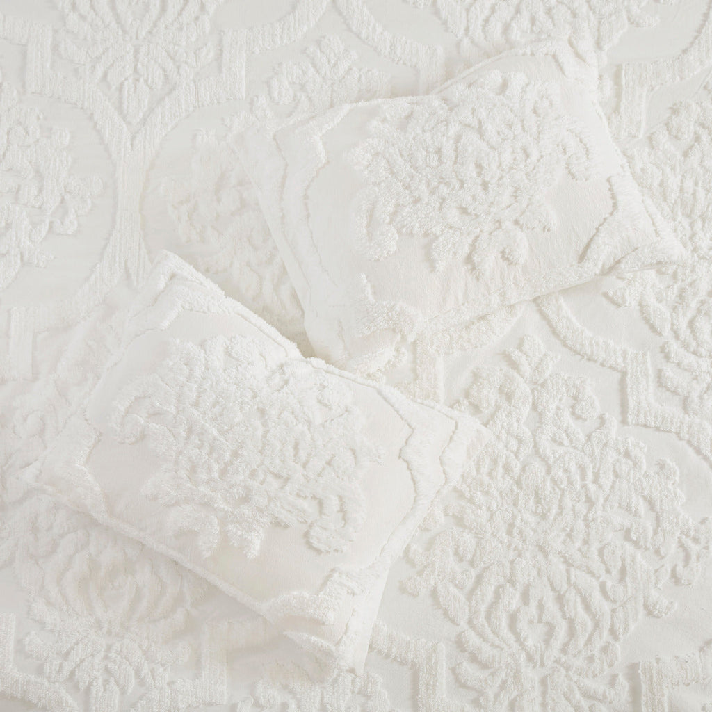 Tufted Cotton Chenille Damask Comforter Set with Shams - Off White