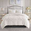 Tufted Cotton Chenille Damask Duvet Cover Set with Shams - Off-White