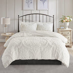 Tufted Cotton Chenille Damask Duvet Cover Set with Shams - Off-White