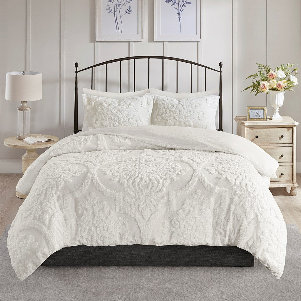 Tufted Cotton Chenille Damask Duvet Cover Set with Shams - Off-White