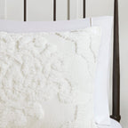 Tufted Cotton Chenille Damask Duvet Cover Set with Shams - Off-White