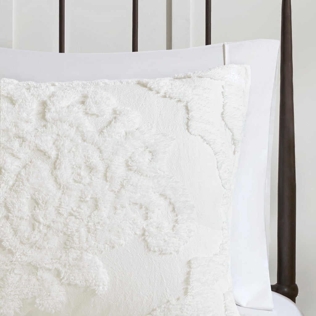 Tufted Cotton Chenille Damask Duvet Cover Set with Shams - Off-White