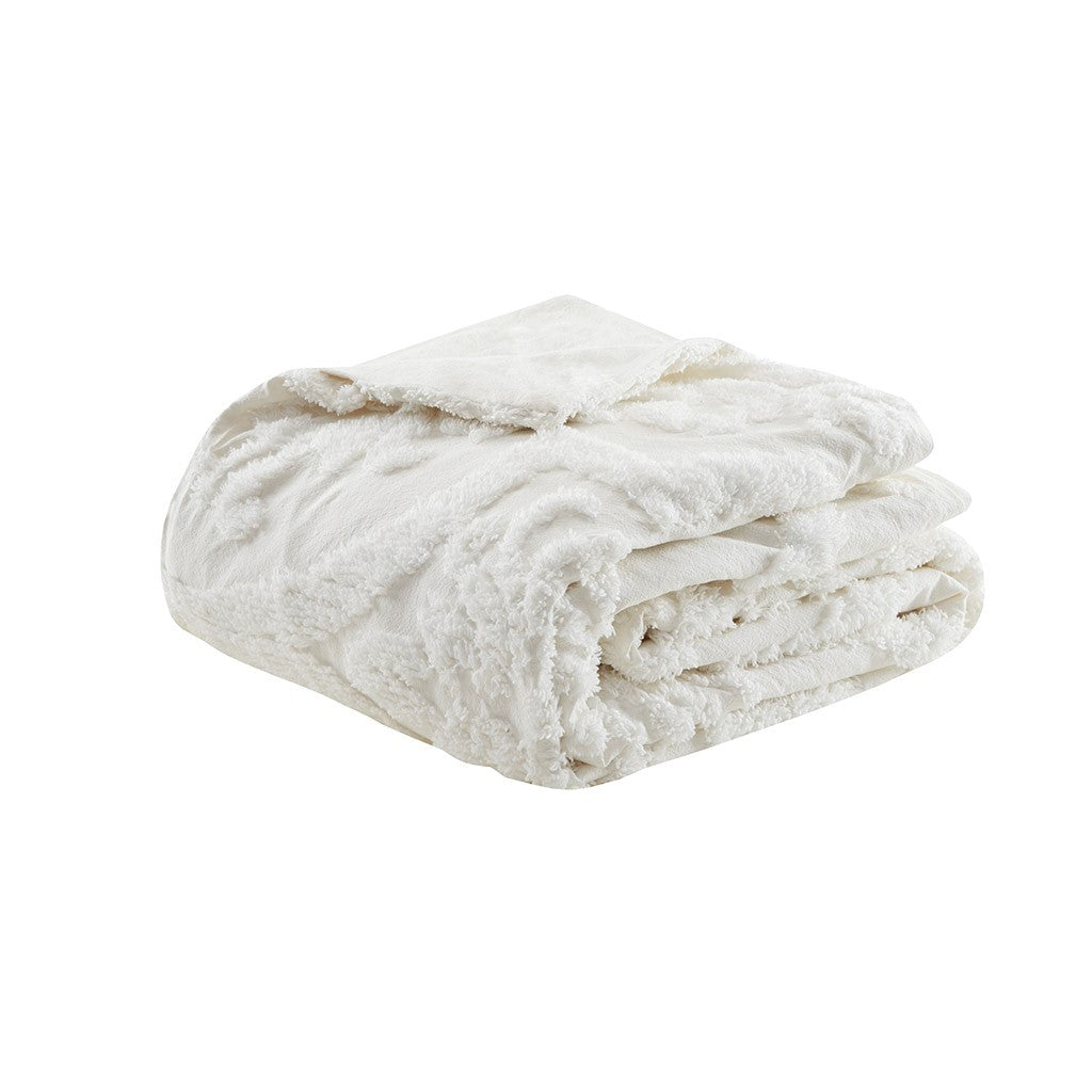 Tufted Cotton Chenille Damask Duvet Cover Set with Shams - Off-White
