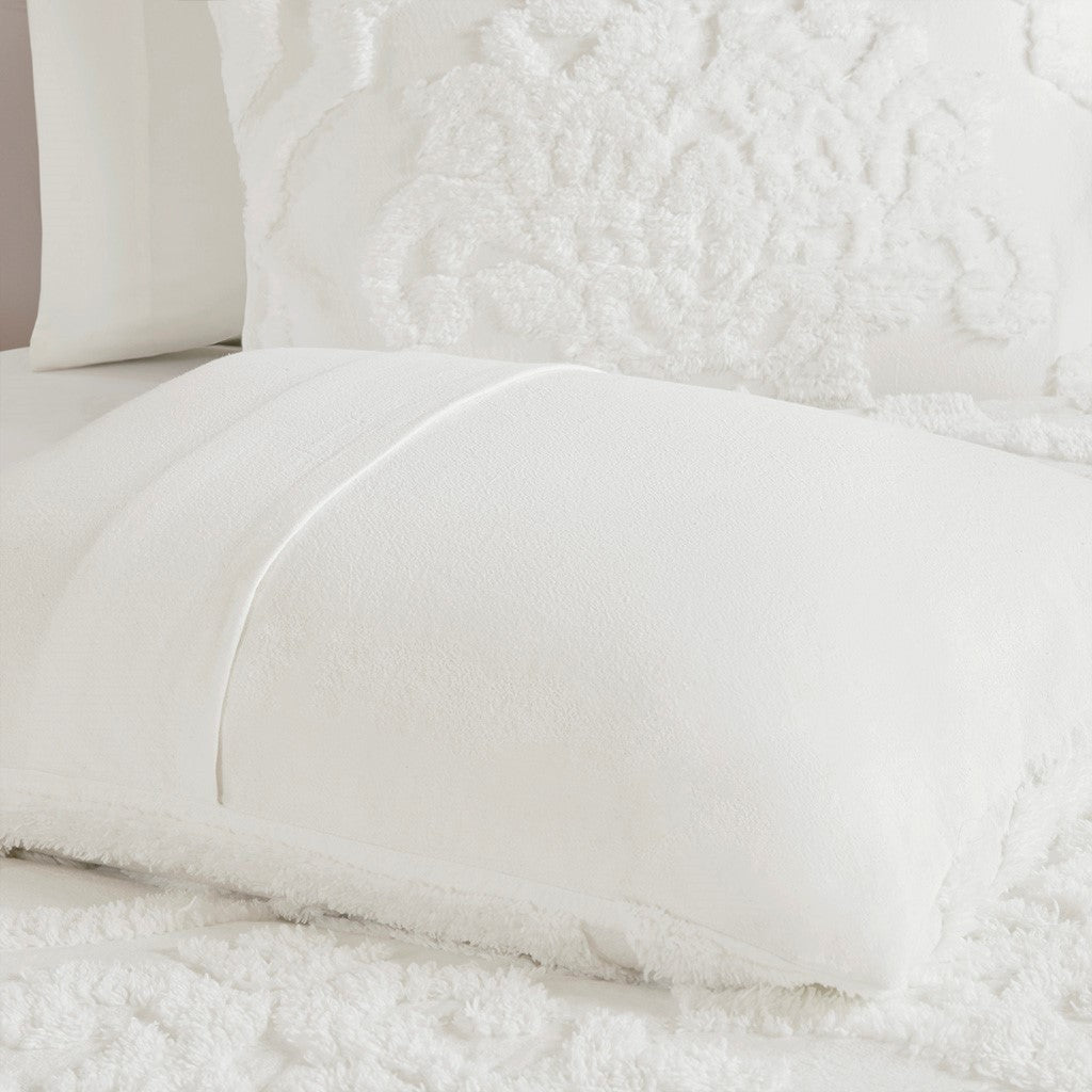Tufted Cotton Chenille Damask Duvet Cover Set with Shams - Off-White