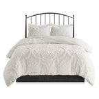 Tufted Cotton Chenille Damask Duvet Cover Set with Shams - Off-White