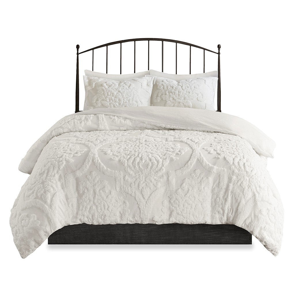 Tufted Cotton Chenille Damask Duvet Cover Set with Shams - Off-White