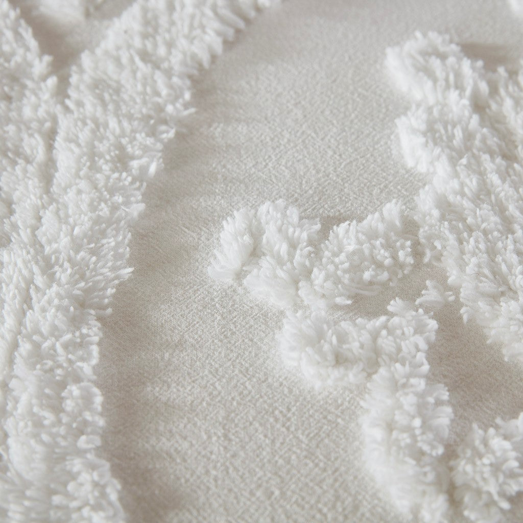 Tufted Cotton Chenille Damask Duvet Cover Set with Shams - Off-White