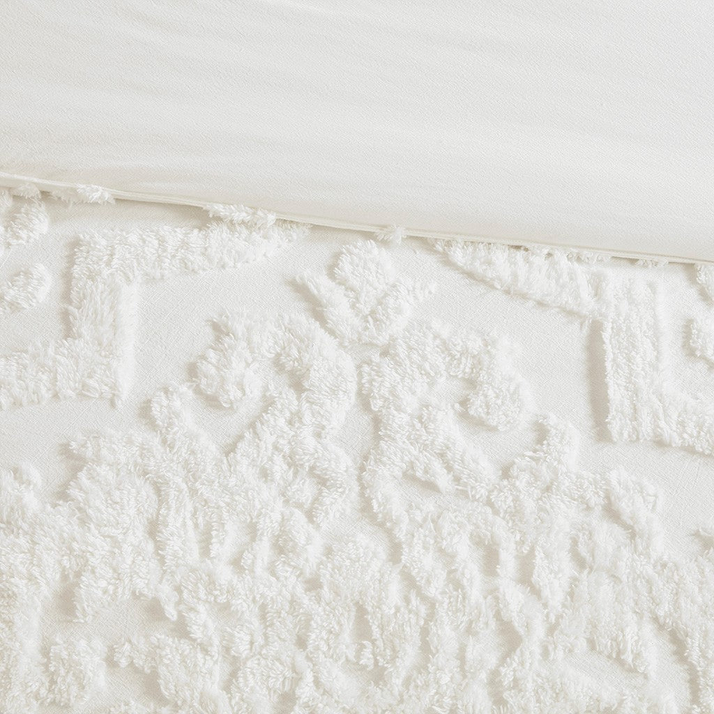 Tufted Cotton Chenille Damask Duvet Cover Set with Shams - Off-White