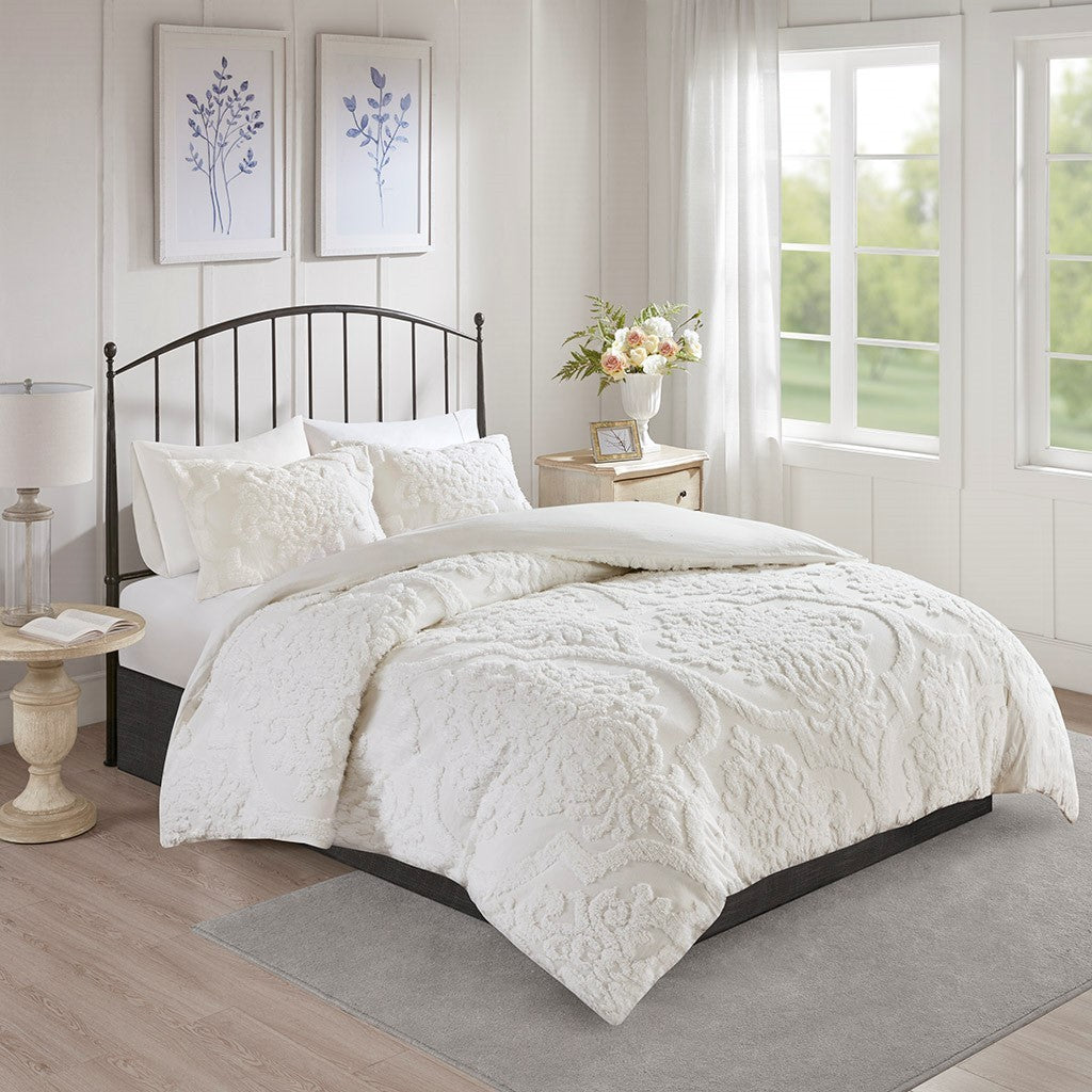 Tufted Cotton Chenille Damask Duvet Cover Set with Shams - Off-White