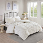 Tufted Cotton Chenille Damask Duvet Cover Set with Shams - Off-White