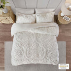 Tufted Cotton Chenille Damask Duvet Cover Set with Shams - Off-White