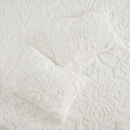 Tufted Cotton Chenille Damask Duvet Cover Set with Shams - Off-White