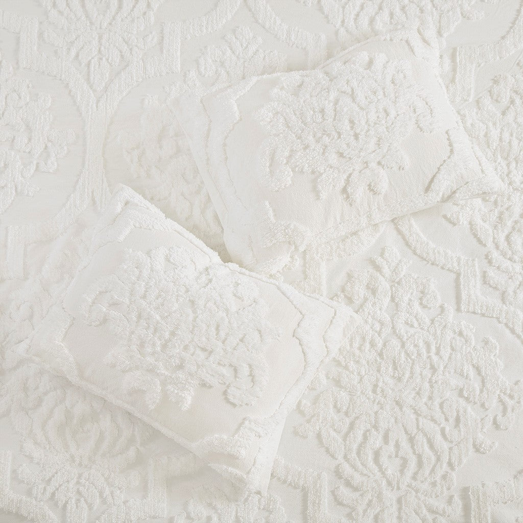 Tufted Cotton Chenille Damask Duvet Cover Set with Shams - Off-White