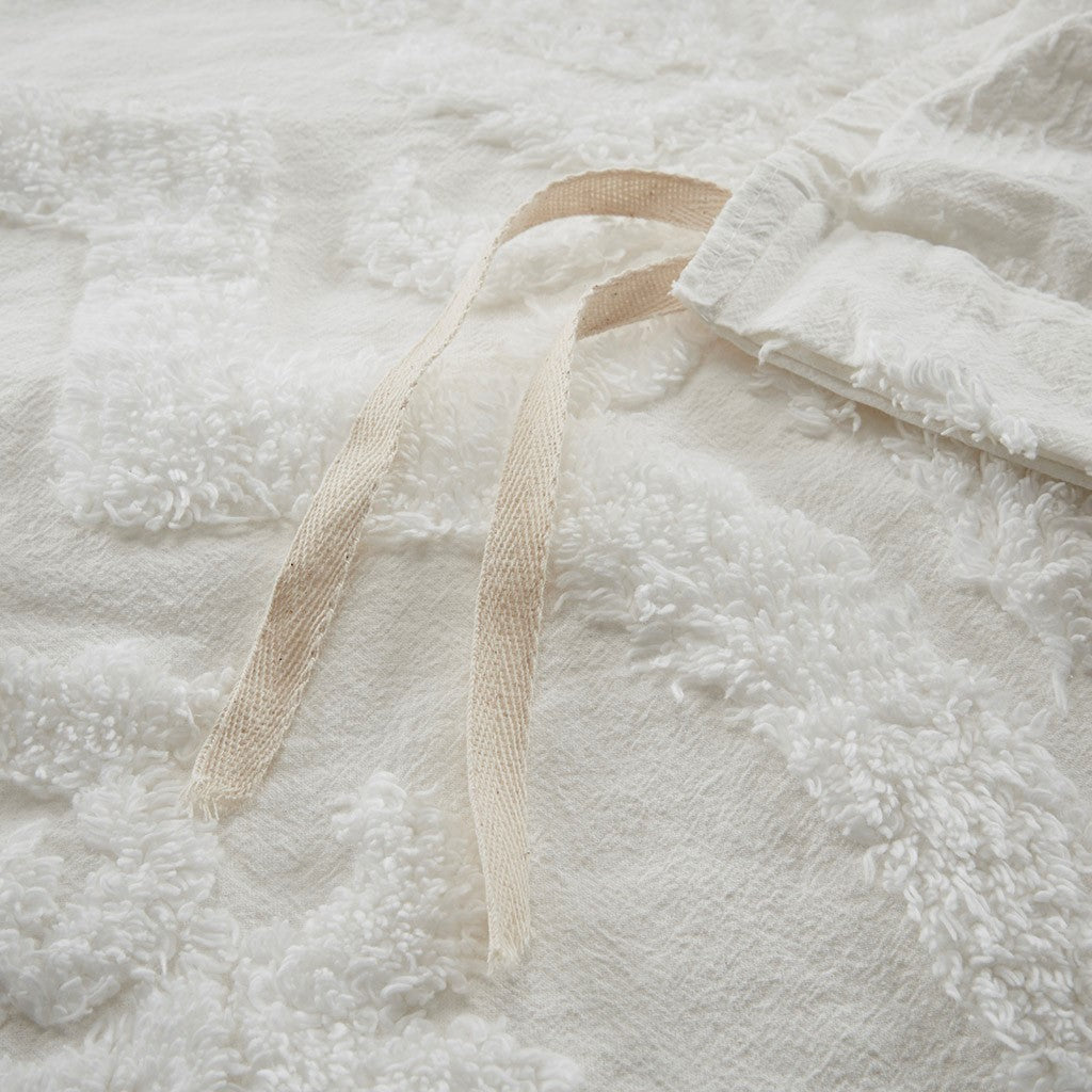 Tufted Cotton Chenille Damask Duvet Cover Set with Shams - Off-White
