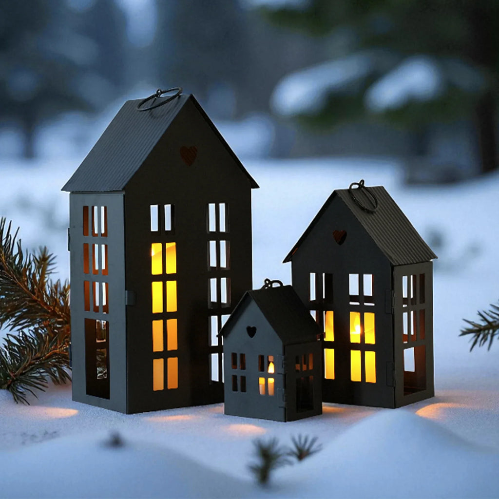 13.5"&9.5"&5.5"H Village Farmhouse House Candle Holders for Home Decor Patio Wedding