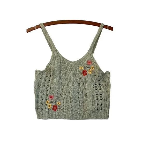 Crave Fame Womens Sage Green Open Knit Soft Embroidered Floral Crop Tank Top XL — product image