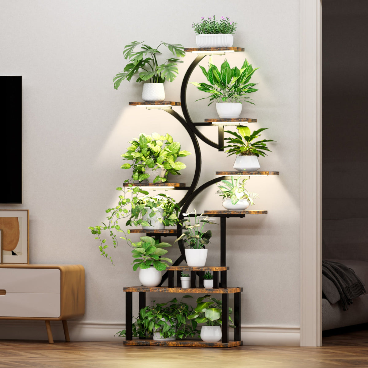 10-Tier S-Shaped Plant Stand with 5 Grow Lights - MDF & Steel, 68.5" Tall