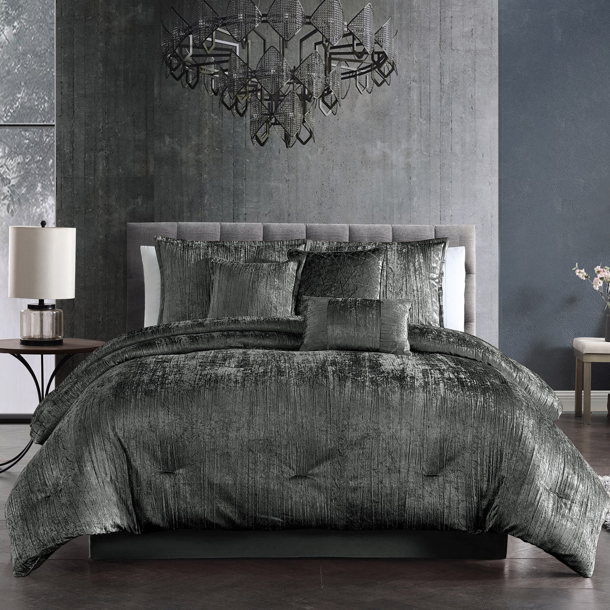 Charcoal Crinkle Velvet Comforter Ensemble with Plush Fill - 7 Piece Set
