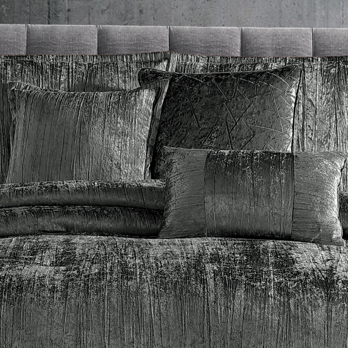 Charcoal Crinkle Velvet Comforter Ensemble with Plush Fill - 7 Piece Set