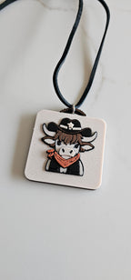 3D Print Cowboy Highland Cow Picture Necklace, Keychain or Purse Charm on Suede Leather Western Made in America