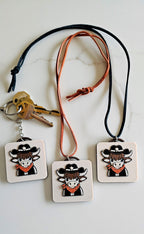 3D Print Cowboy Highland Cow Picture Necklace, Keychain or Purse Charm on Suede Leather Western Made in America
