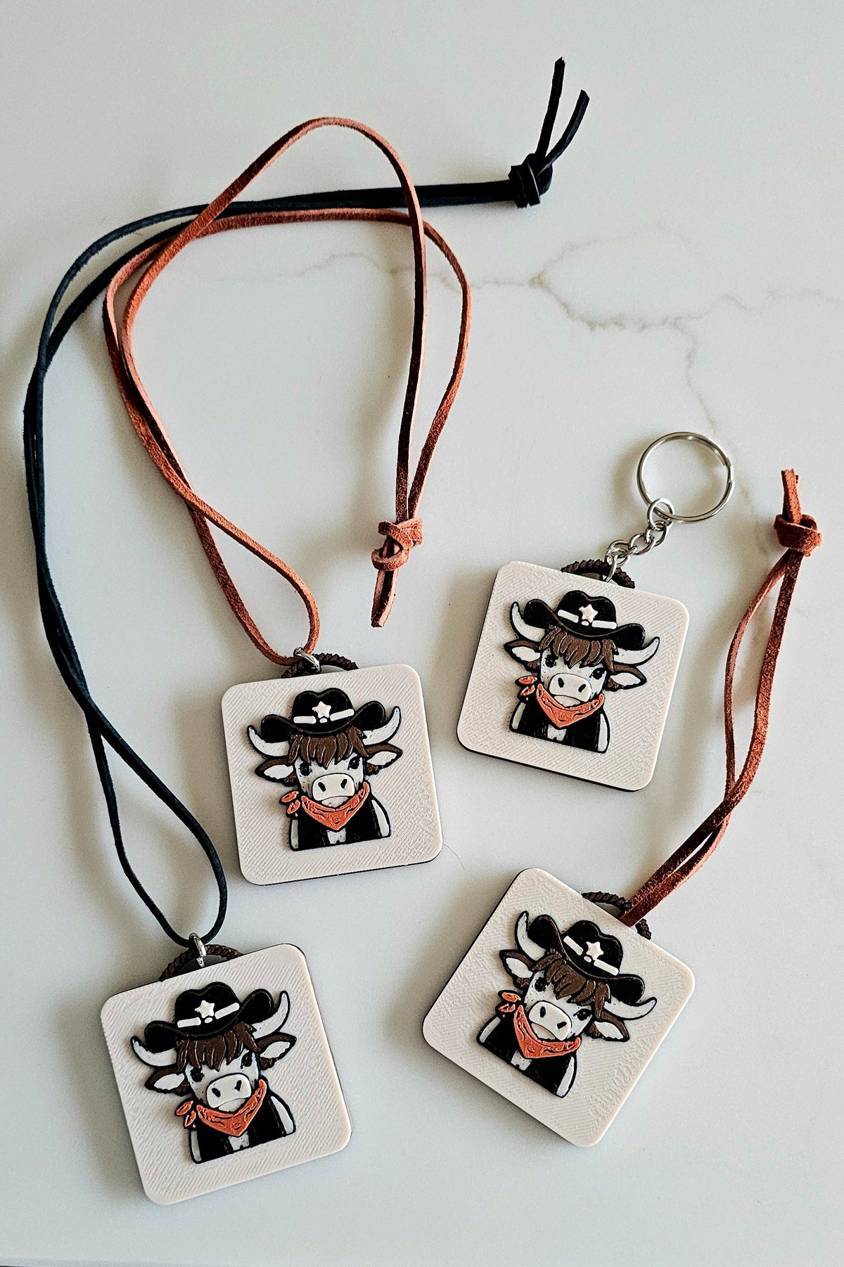 3D Print Cowboy Highland Cow Picture Necklace, Keychain or Purse Charm on Suede Leather Western Made in America — product image