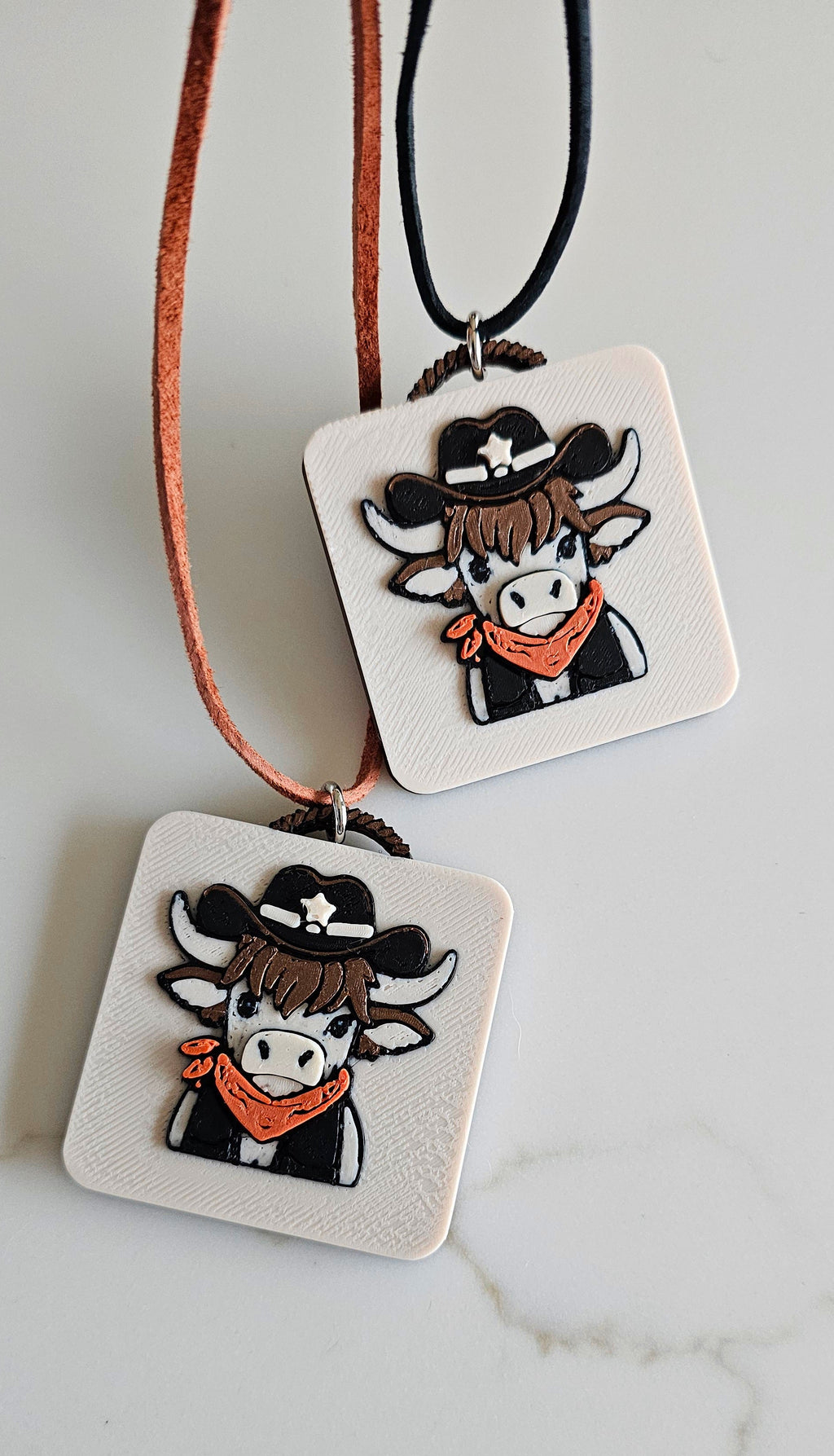 3D Print Cowboy Highland Cow Picture Necklace, Keychain or Purse Charm on Suede Leather Western Made in America