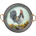 Rooster and sunflower artwork on a galvanized metal farmhouse tray with rope handles