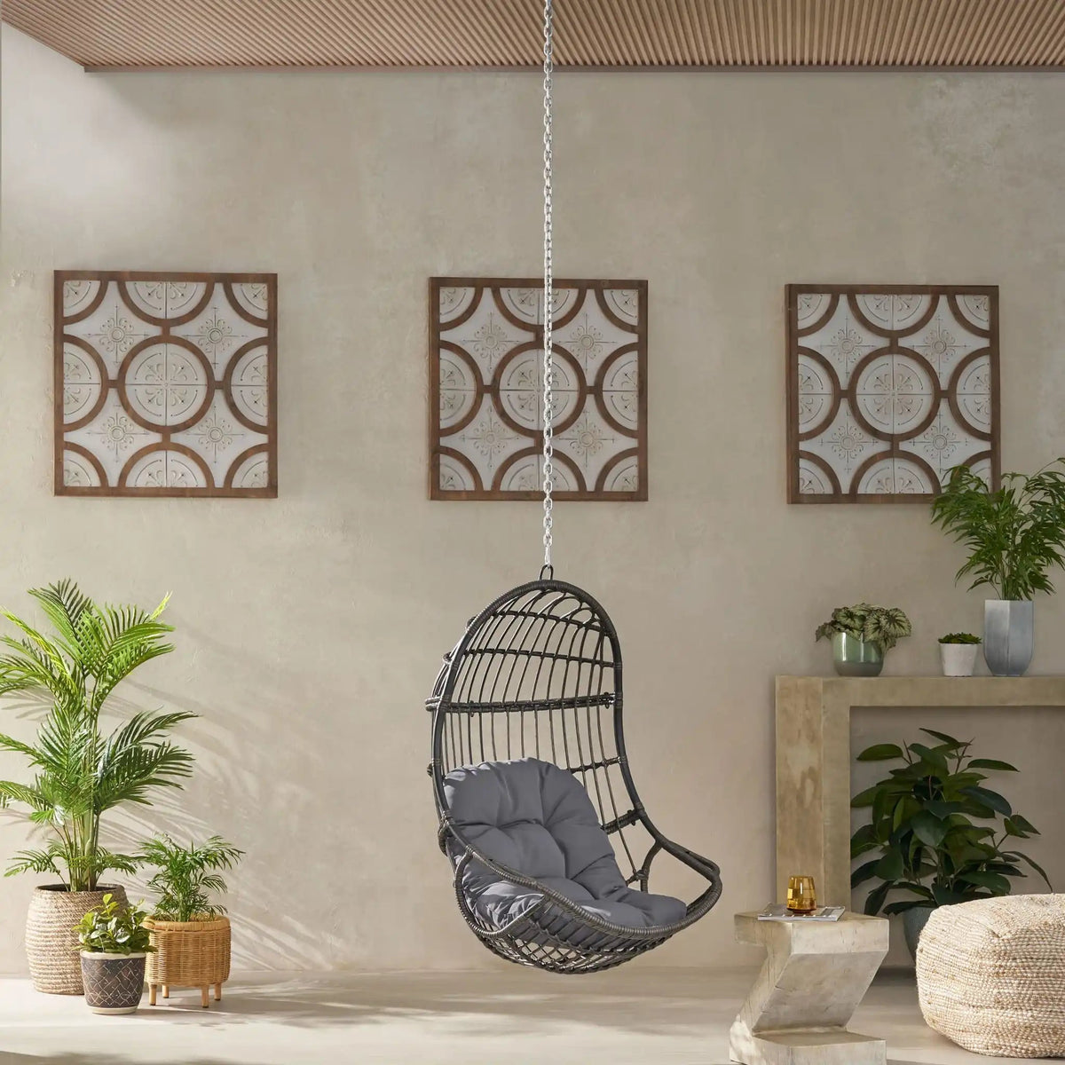 Rustic Hanging Basket Chair with Cushioned Comfort - Dark Gray