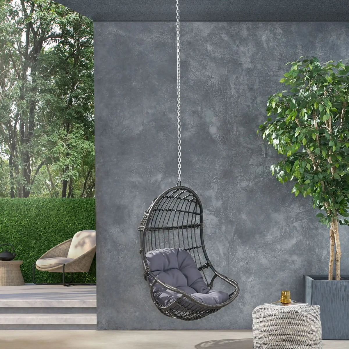 Rustic Hanging Basket Chair with Cushioned Comfort - Dark Gray