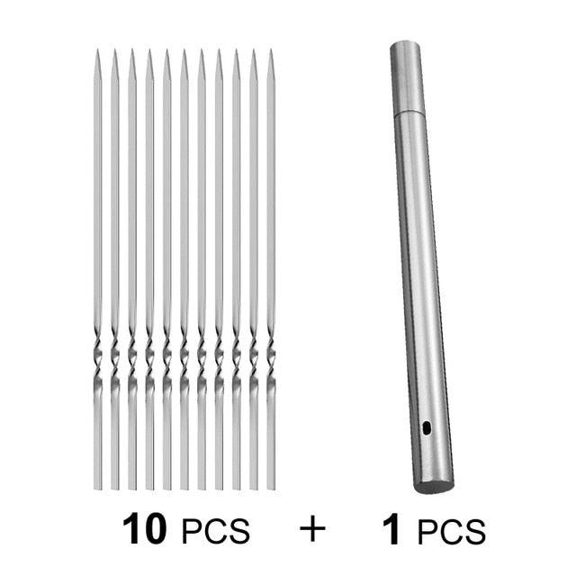 Stainless Steel Barbeque Skewer Storage Tube Reusable Grill Sticks Flat BBQ Fork BBQ Utensil Kitchen Outdoor Camping Accessories Kebab Skewers with Portable Metal Storage Tube Reusable for Grilling Barbecue Kitchen Party and Outdoor Cooking