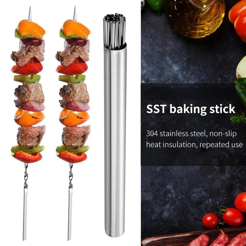 Stainless Steel Barbeque Skewer Storage Tube Reusable Grill Sticks Flat BBQ Fork BBQ Utensil Kitchen Outdoor Camping Accessories Kebab Skewers wi — product image