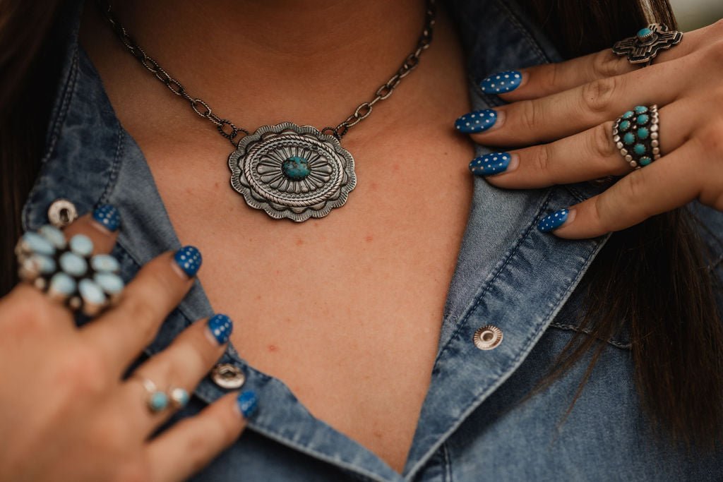 Sterling Silver Concho & Kingman Turquoise Western Statement Necklace — 18" — product image