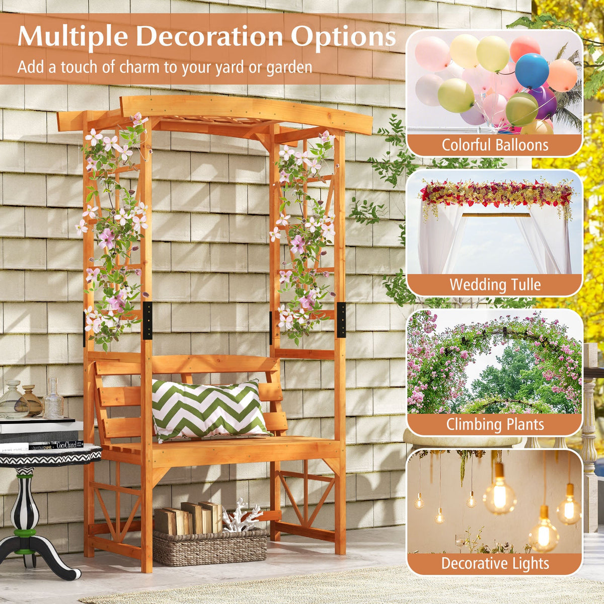 6.2 Feet Tall Patio Garden Arbor with Pergola and 2-Seat Bench for Garden Lawn Backyard Decoration-Yellow