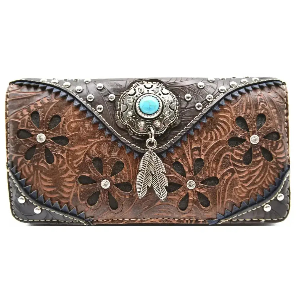 Western Handbag Wallet Set, Tooled Leather Shoulder Purse with Studs