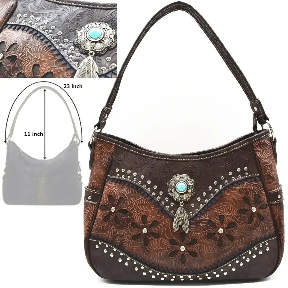 Western Handbag Wallet Set, Tooled Leather Shoulder Purse with Studs