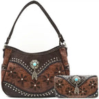 Western Handbag Wallet Set, Tooled Leather Shoulder Purse with Studs