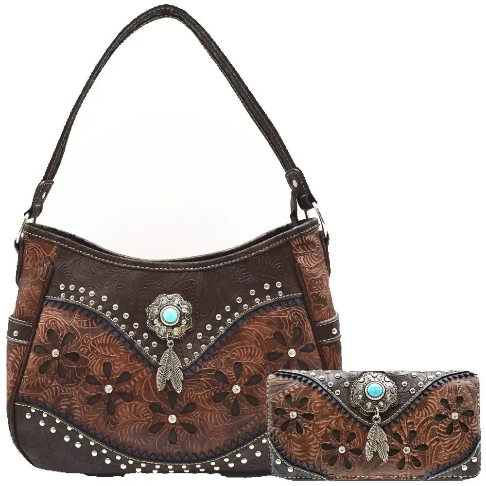 Western Handbag Wallet Set, Tooled Leather Shoulder Purse with Studs
