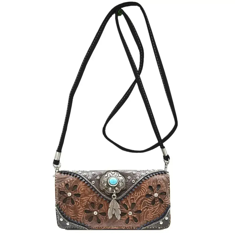 Western Handbag Wallet Set, Tooled Leather Shoulder Purse with Studs