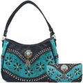 Western Handbag Wallet Set, Tooled Leather Shoulder Purse with Studs