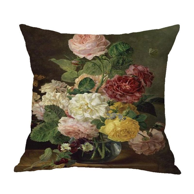Vintage Flower Throw Pillow Covers Oil Painting Cushion Cover Decorative Cotton Linen Square Pillow Cases For Sofa Couch Oil Painting Flower Farmhouse Throw Pillow Cover Cotton Linen Decorative Cushion Covers Pillowcase For Sofa Bedroom Car 45X45CM