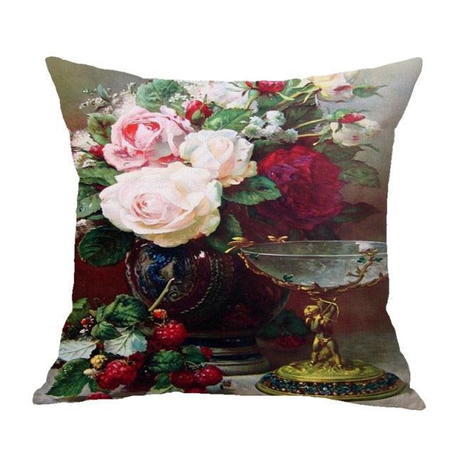 Vintage Flower Throw Pillow Covers Oil Painting Cushion Cover Decorative Cotton Linen Square Pillow Cases For Sofa Couch Oil Painting Flower Farmhouse Throw Pillow Cover Cotton Linen Decorative Cushion Covers Pillowcase For Sofa Bedroom Car 45X45CM