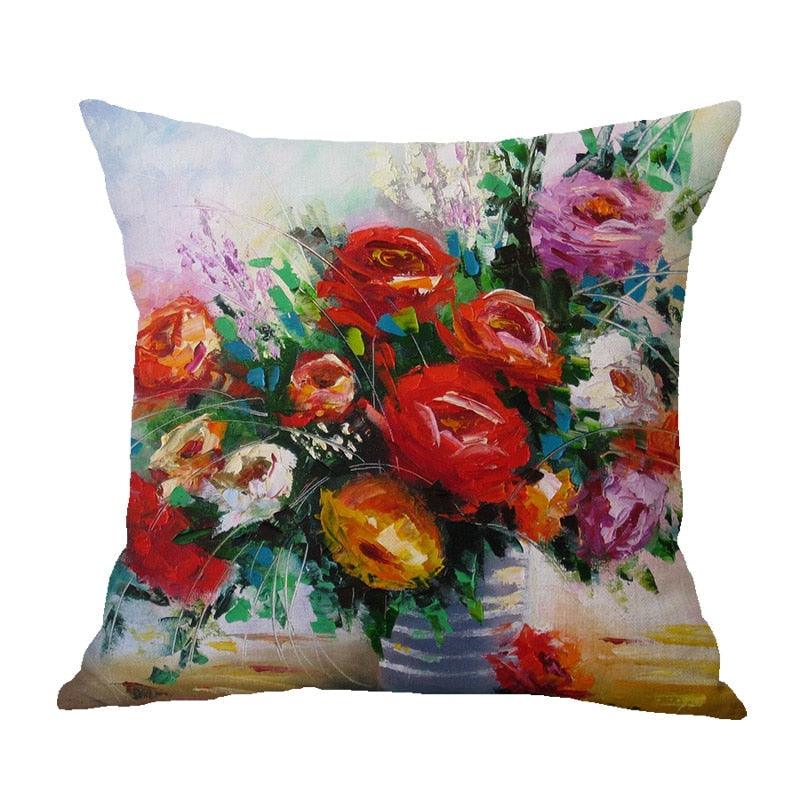 Vintage Flower Throw Pillow Covers Oil Painting Cushion Cover Decorative Cotton Linen Square Pillow Cases For Sofa Couch Oil Painting Flower Farmhouse Throw Pillow Cover Cotton Linen Decorative Cushion Covers Pillowcase For Sofa Bedroom Car 45X45CM