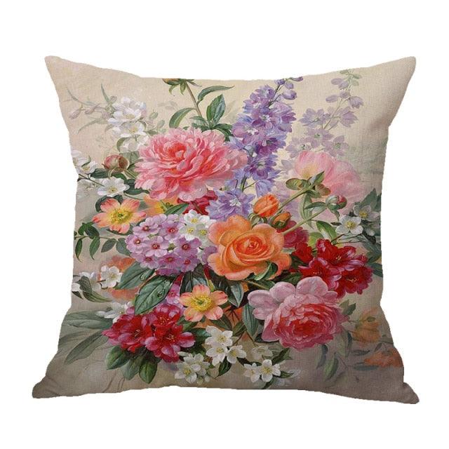 Vintage Flower Throw Pillow Covers Oil Painting Cushion Cover Decorative Cotton Linen Square Pillow Cases For Sofa Couch Oil Painting Flower Farmhouse Throw Pillow Cover Cotton Linen Decorative Cushion Covers Pillowcase For Sofa Bedroom Car 45X45CM